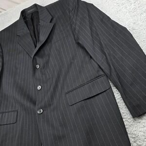 Chaps Mens 46R Suit Jacket Blazer Black Pinstripe 100% Wool 3 Button